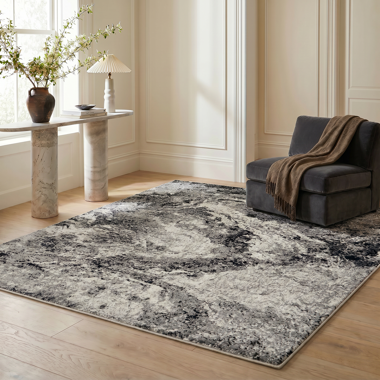 Micah Abstract Marble Contemporary Grey and Black Indoor Rug