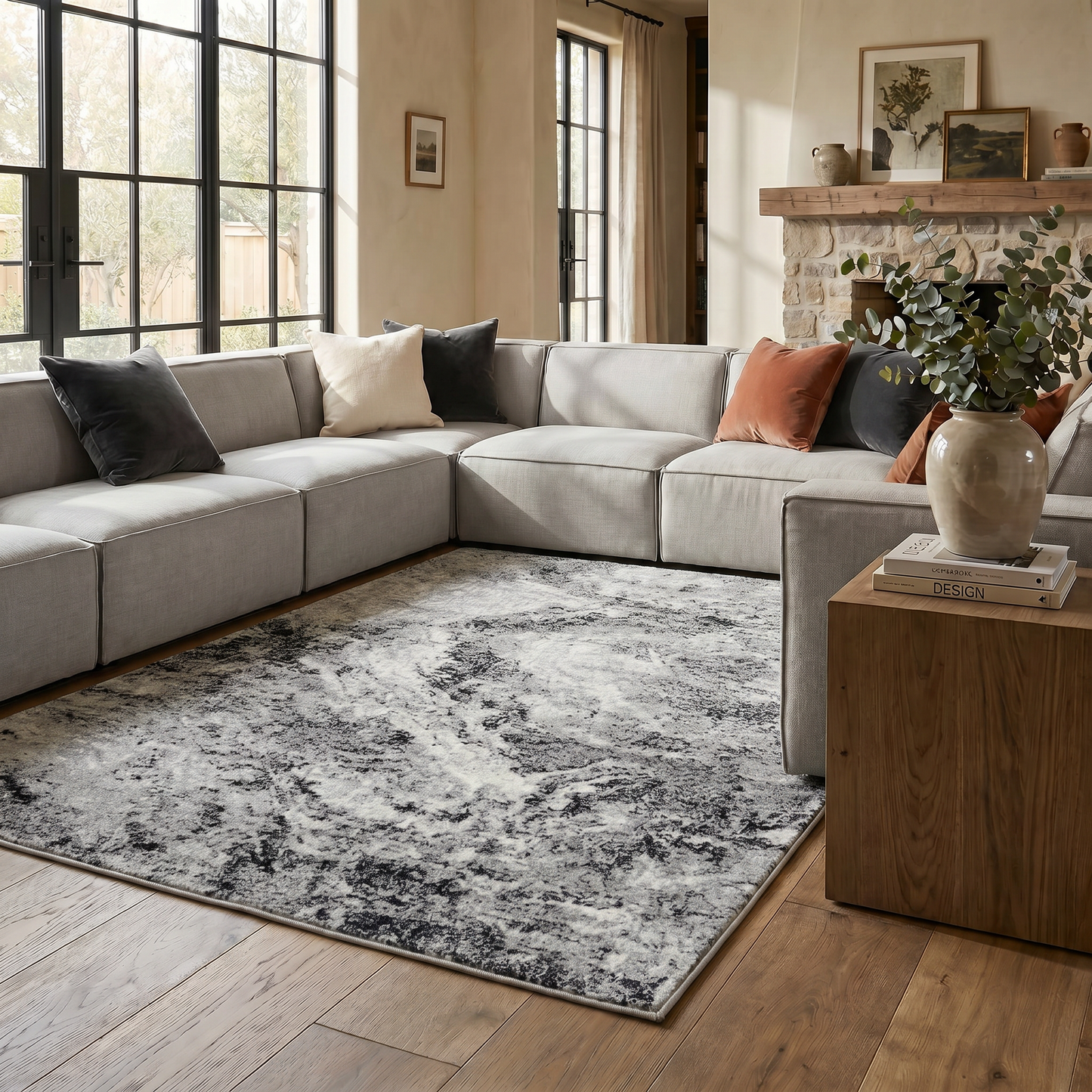 Micah Abstract Marble Contemporary Grey and Black Indoor Rug