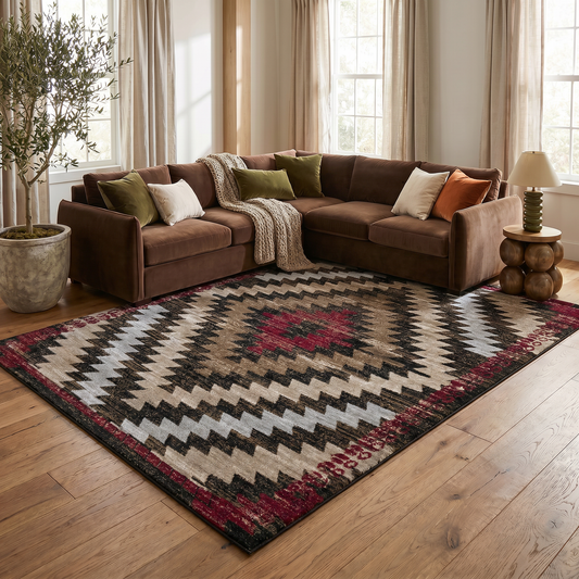 Zuni Geometric Traditional Brown and Red Indoor Rug