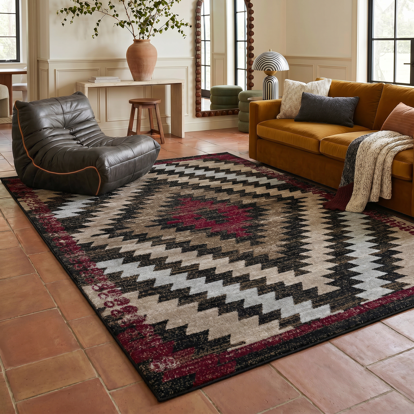 Zuni Geometric Traditional Brown and Red Indoor Rug