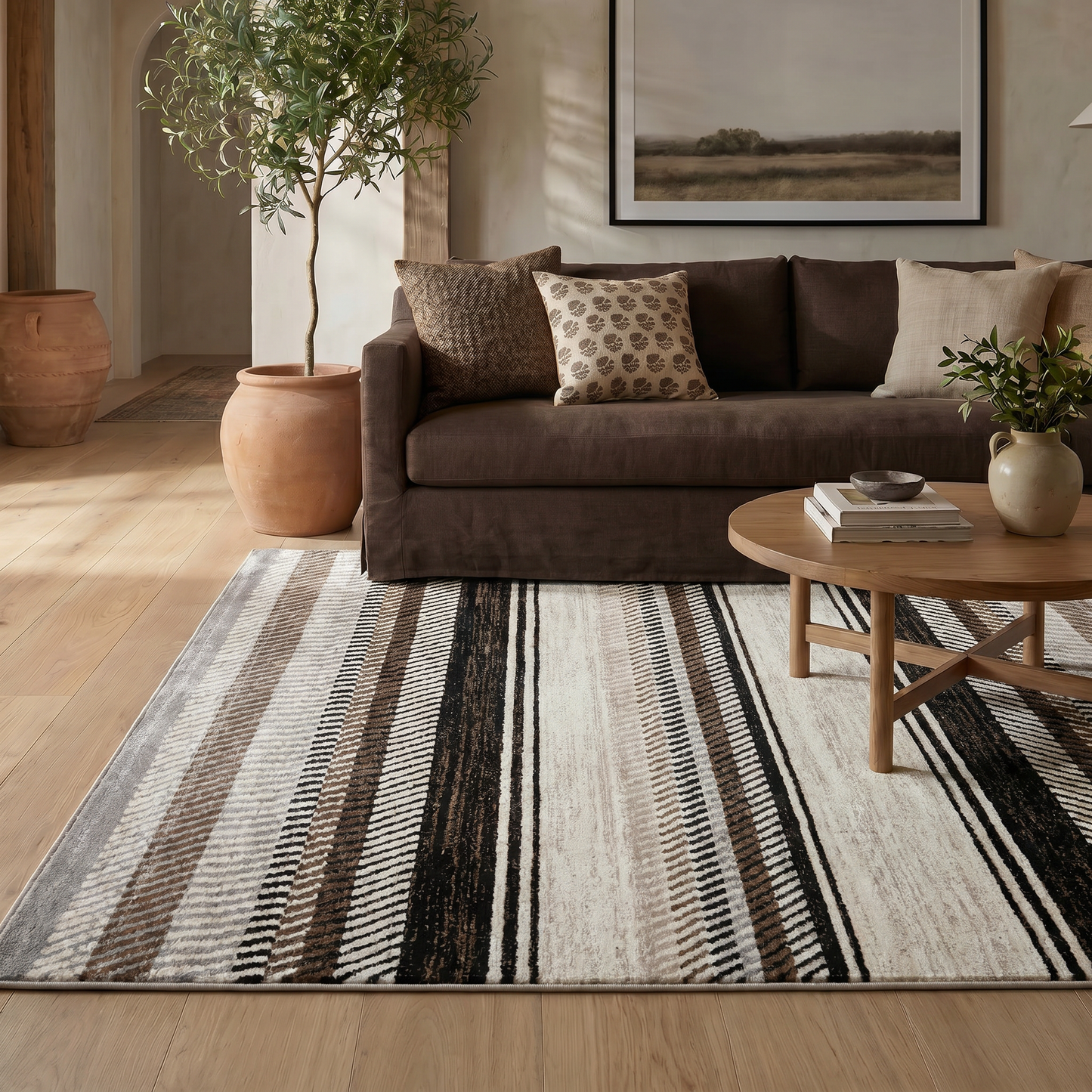 Orion Striped Contemporary Beige and Brown Indoor Rug