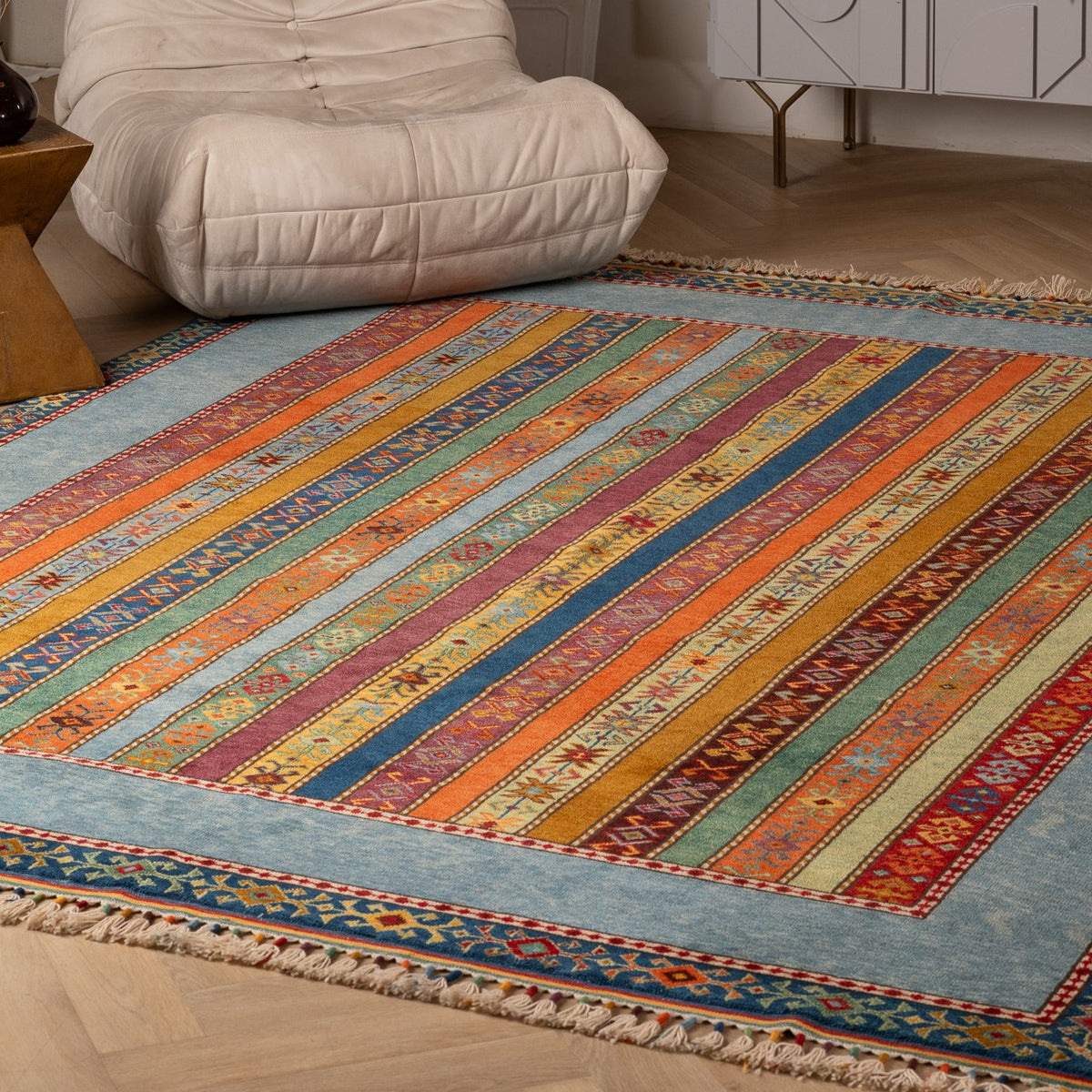 Tapis Kilim multicolore à rayures, fait main, 2,44 m x 3,35 m