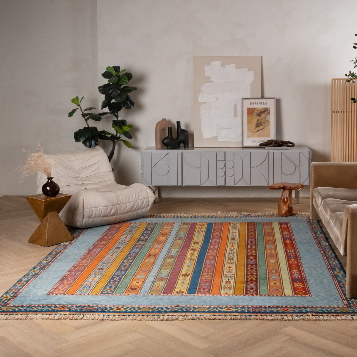 Alfombra Kilim de rayas multicolores hecha a mano de 2,44 m x 3,34 m