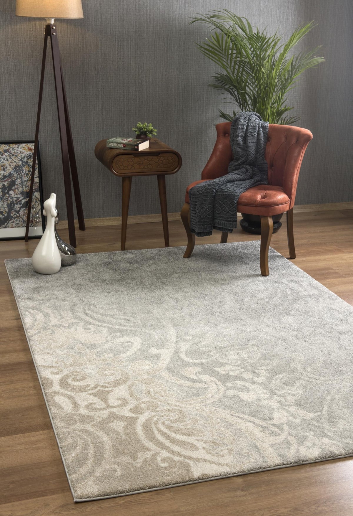 Adrian Distressed Damask Transitional Grey and Beige Indoor Rug