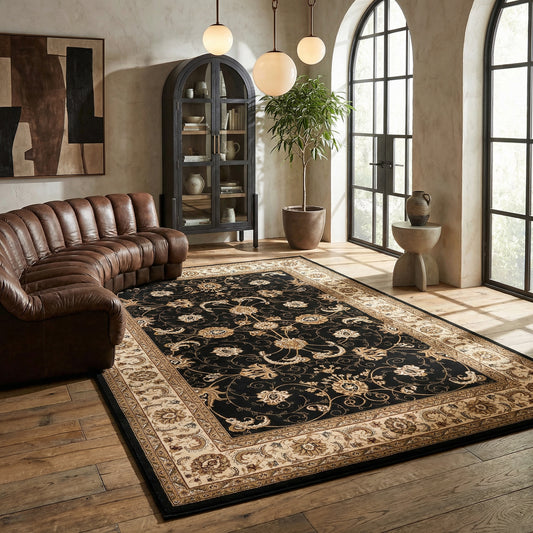 Tapis noir traditionnel persan majestueux