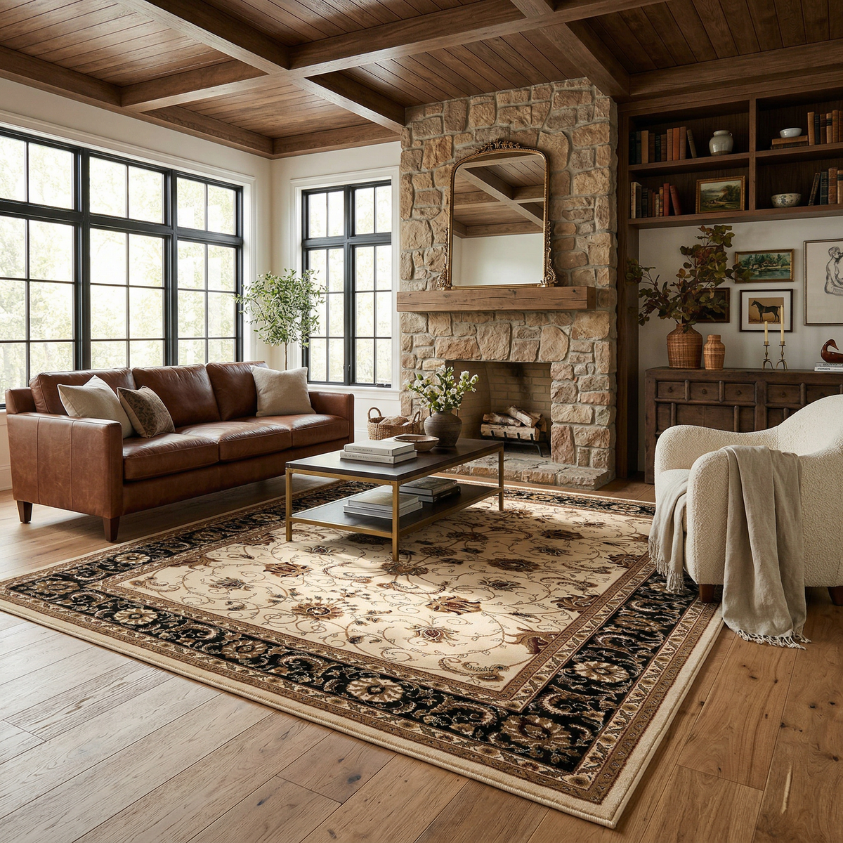 Fayez Persian Medallion Traditional Beige and Black Indoor Rug
