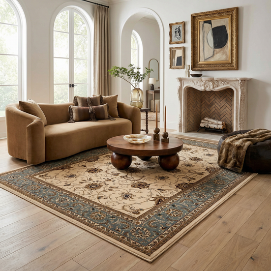 Tapis persan traditionnel beige majestueux