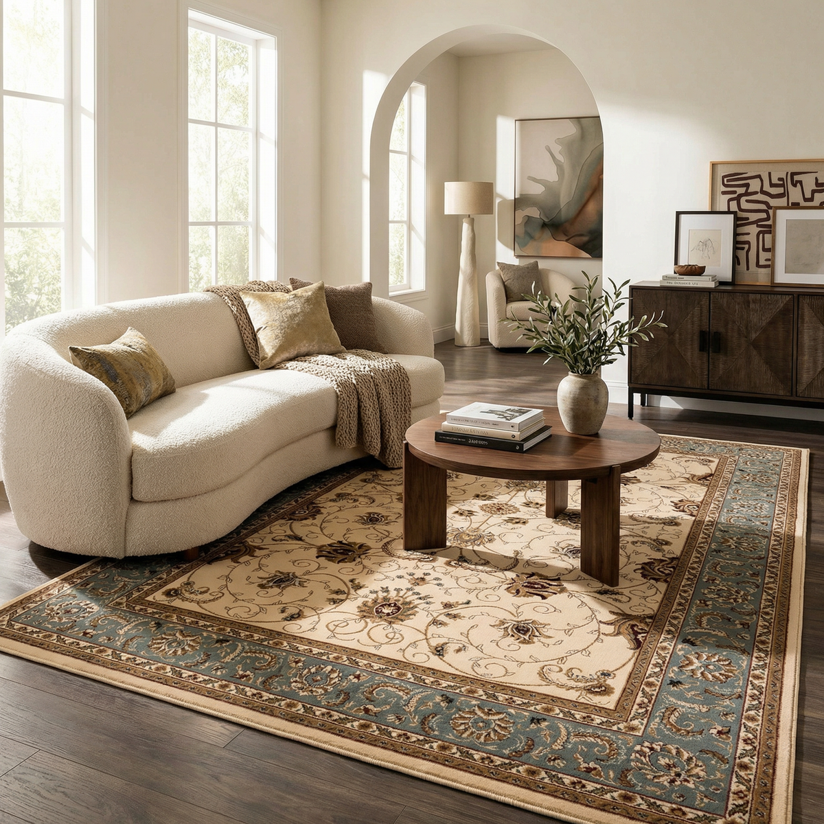 Fayez Persian Medallion Traditional Beige and Blue Indoor Rug
