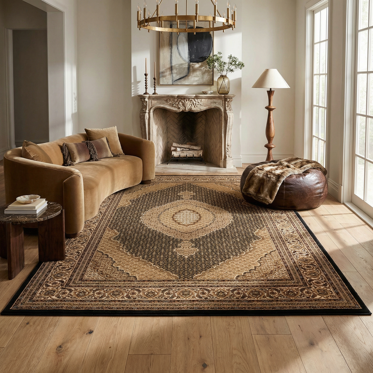 Faris Persian Medallion Traditional Black and Beige Indoor Rug
