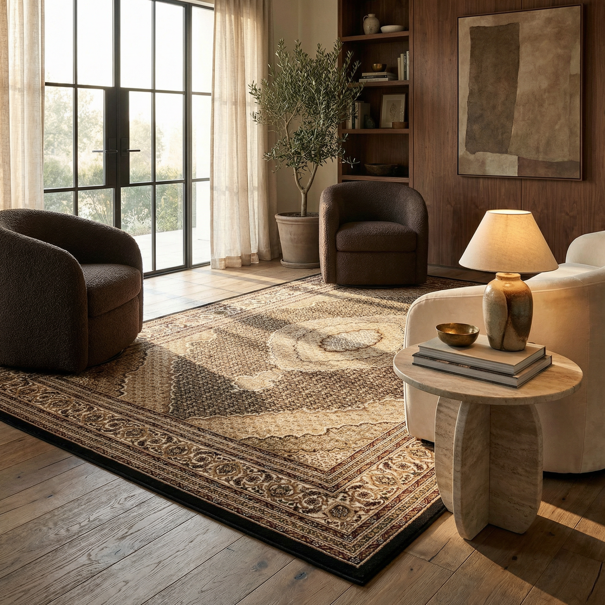 Faris Persian Medallion Traditional Black and Beige Indoor Rug
