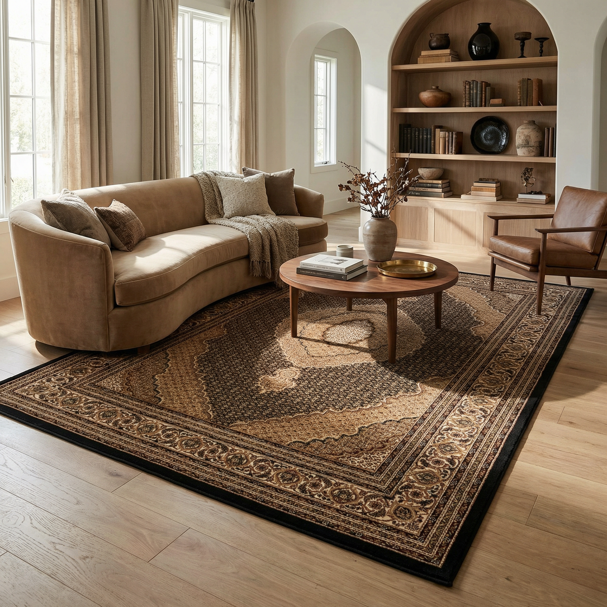 Faris Persian Medallion Traditional Black and Beige Indoor Rug