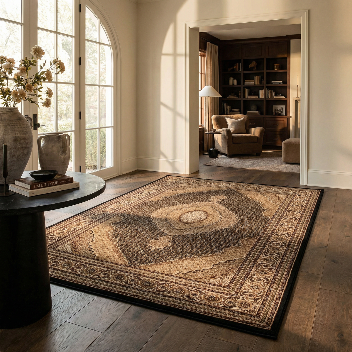 Faris Persian Medallion Traditional Black and Beige Indoor Rug