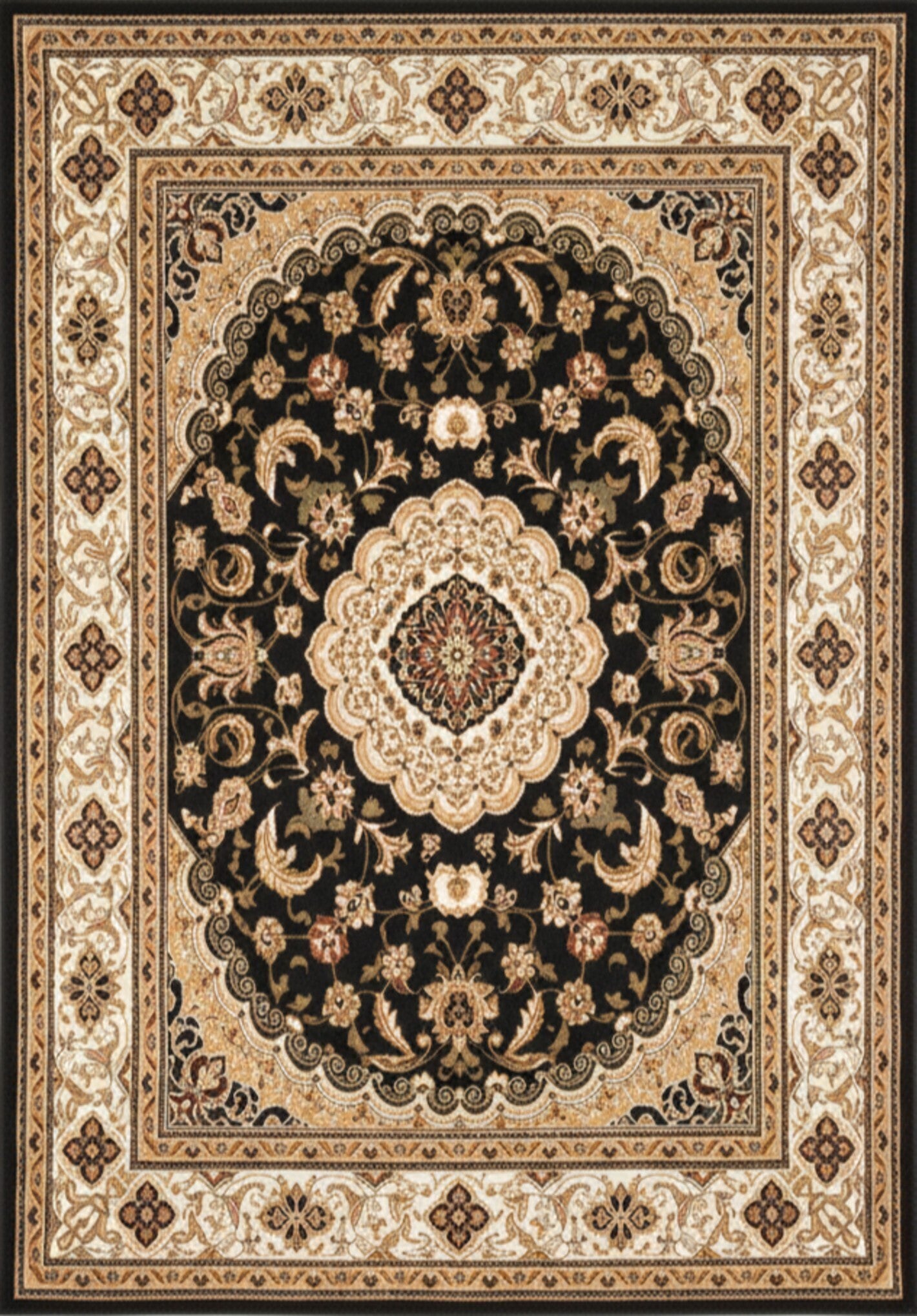 Tapis noir traditionnel persan majestueux