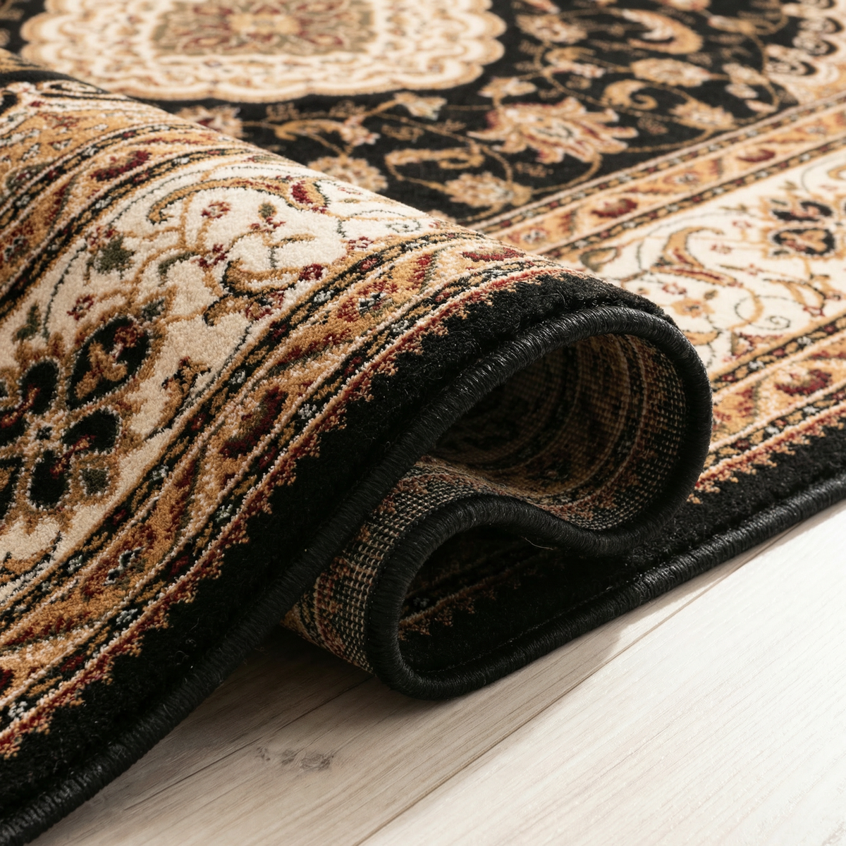 Zayn Persian Medallion Traditional Black and Beige Indoor Rug