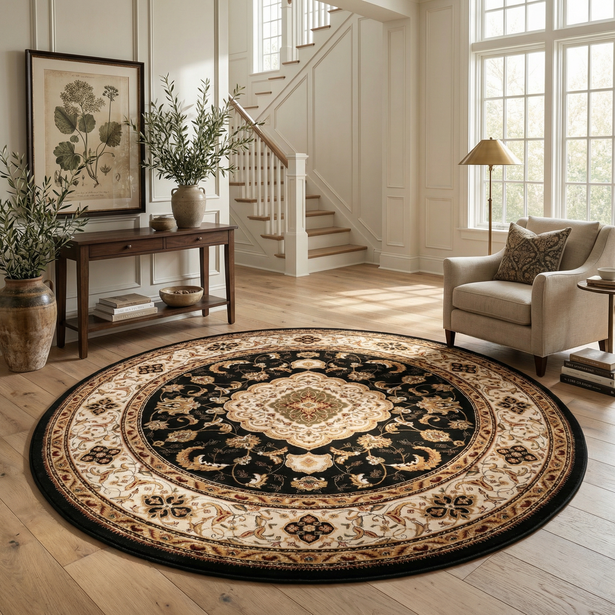 Zayn Persian Medallion Traditional Black and Beige Indoor Rug