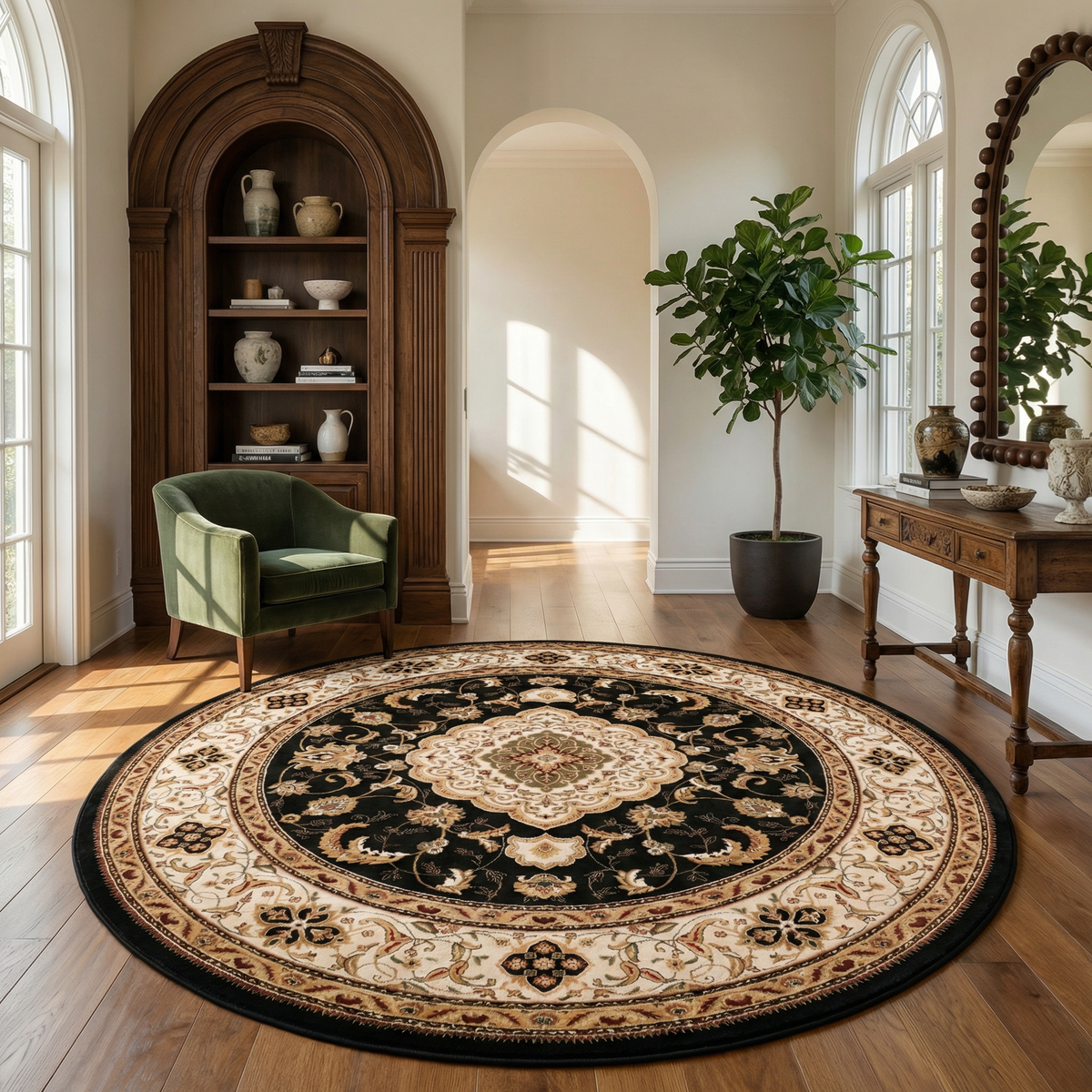 Zayn Persian Medallion Traditional Black and Beige Indoor Rug