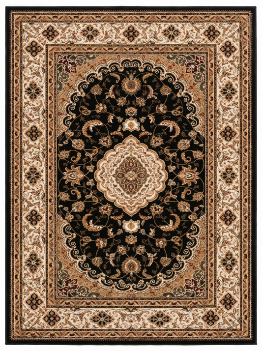 Tapis noir traditionnel persan majestueux
