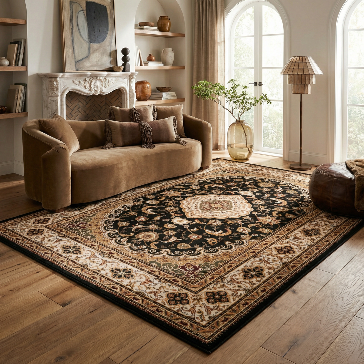 Tapis noir traditionnel persan majestueux