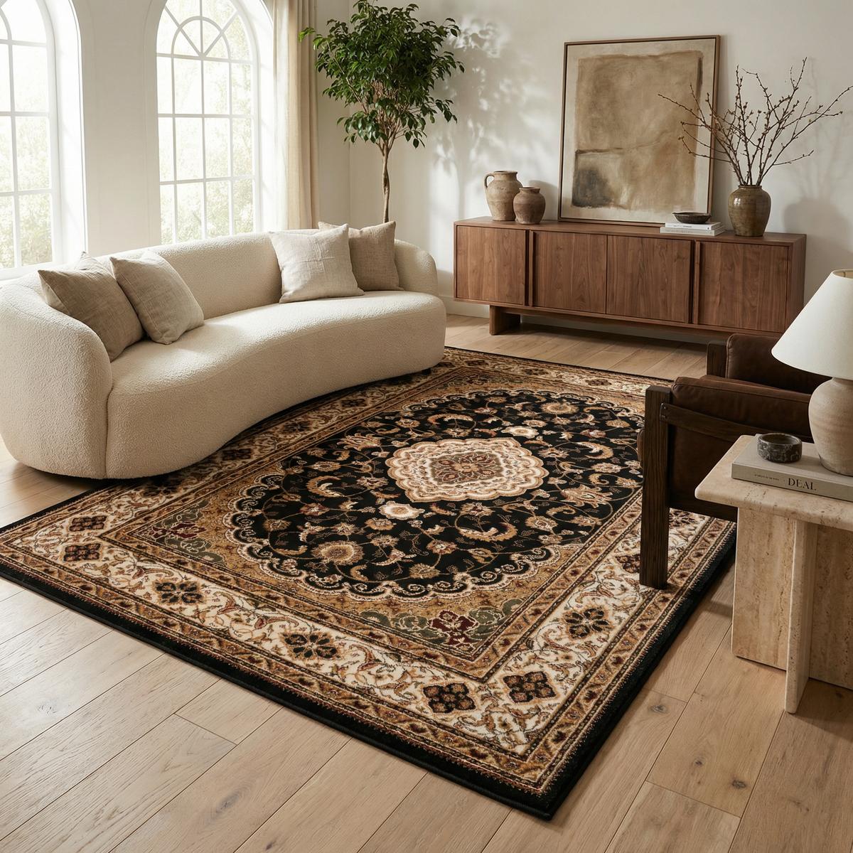 Zayn Persian Medallion Traditional Black and Beige Indoor Rug