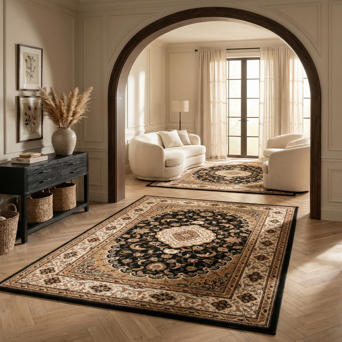 Zayn Persian Medallion Traditional Black and Beige Indoor Rug