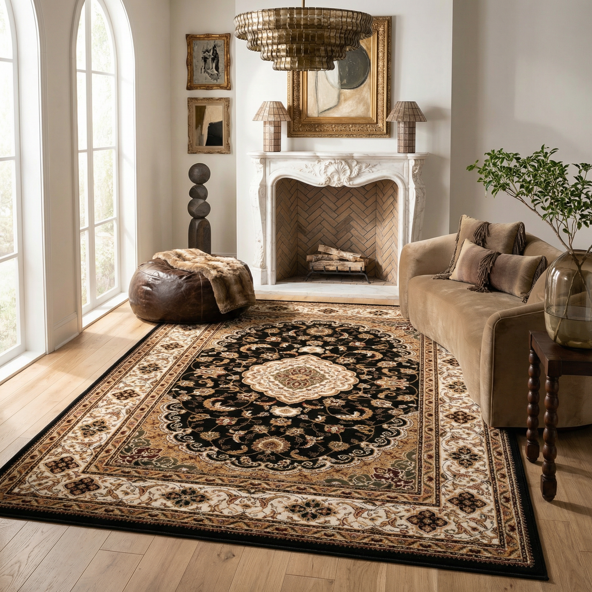 Zayn Persian Medallion Traditional Black and Beige Indoor Rug