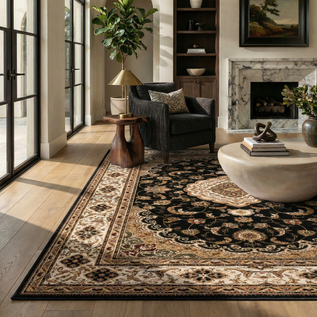 Zayn Persian Medallion Traditional Black and Beige Indoor Rug