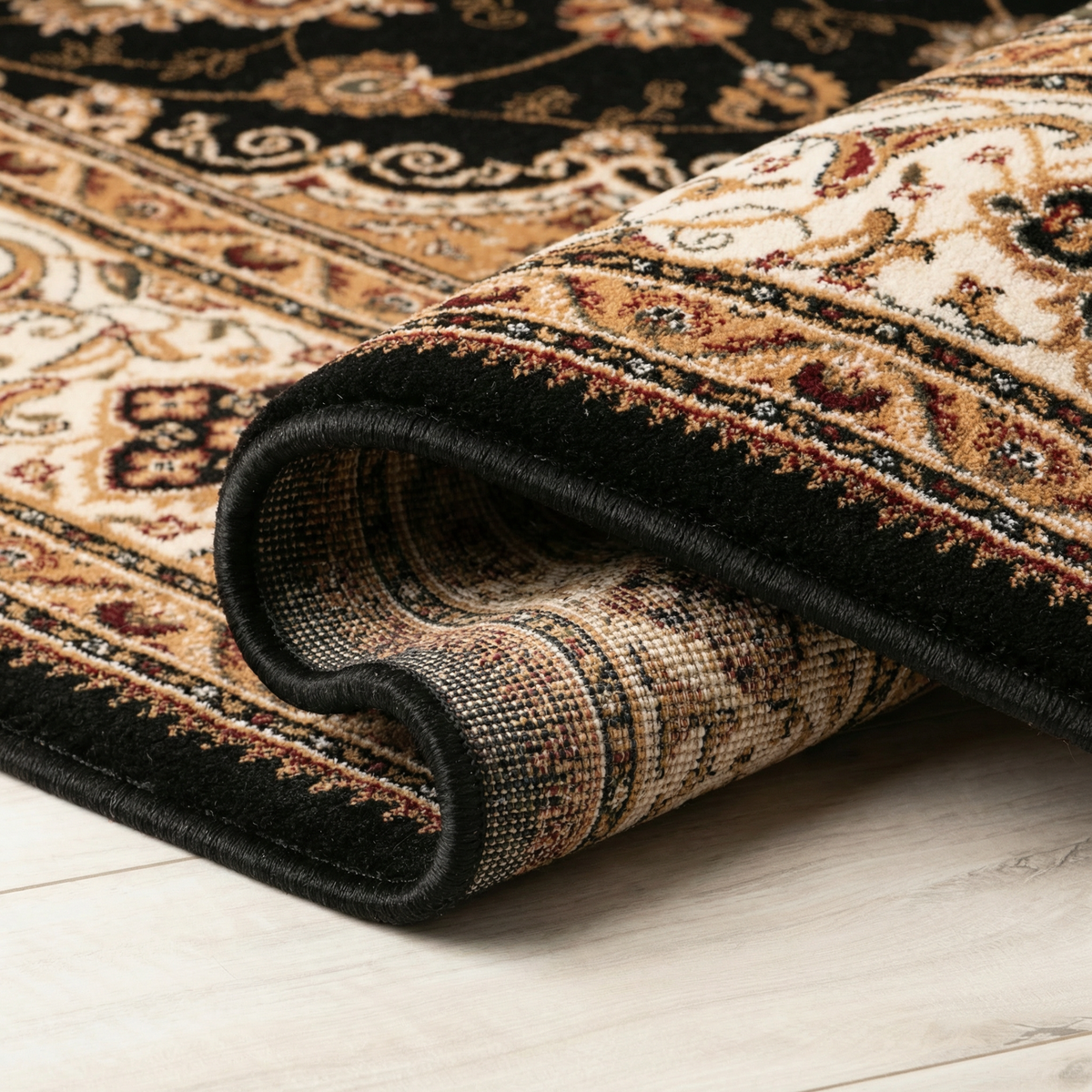 Zayn Persian Medallion Traditional Black and Beige Indoor Rug