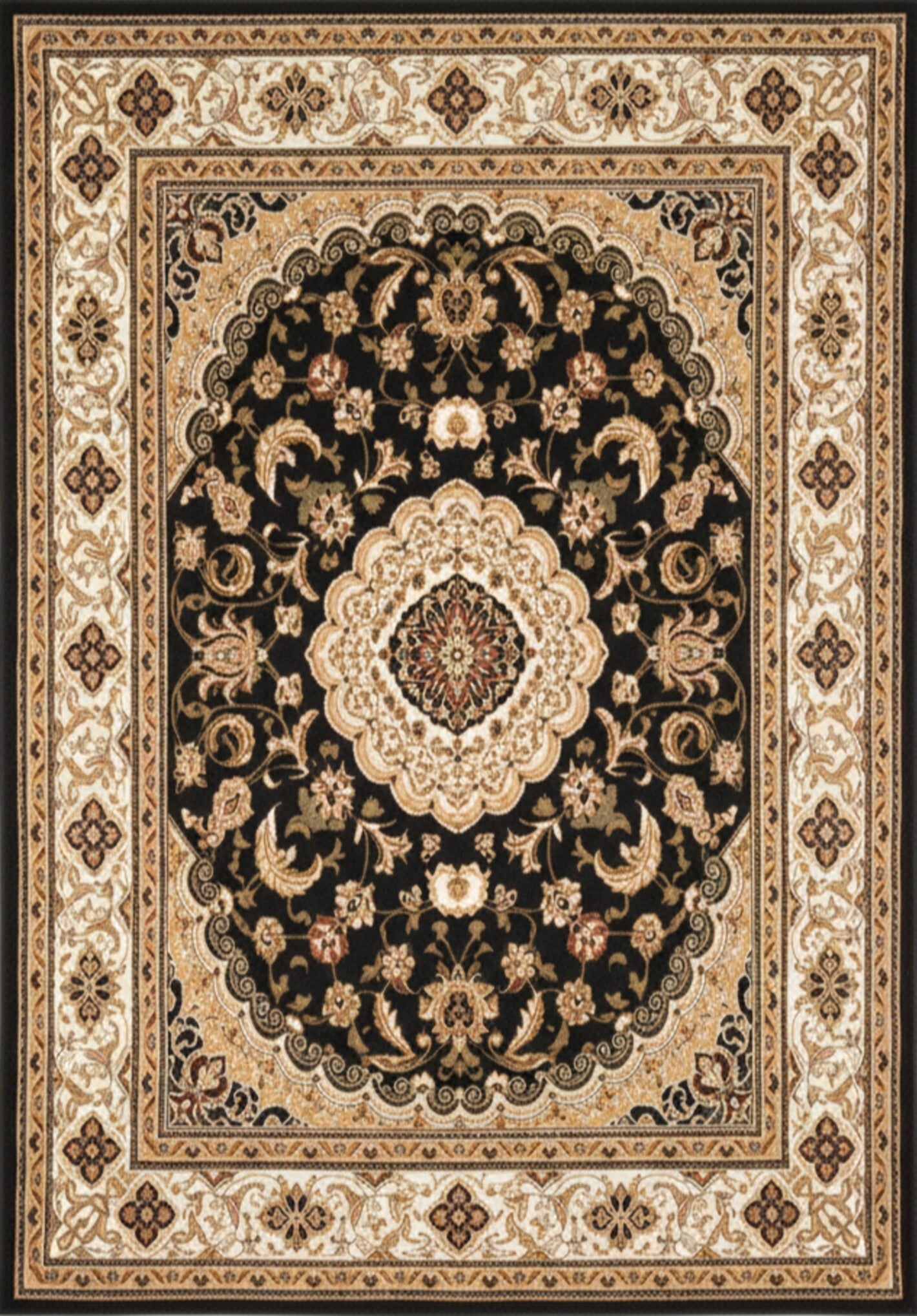 Tapis noir traditionnel persan majestueux