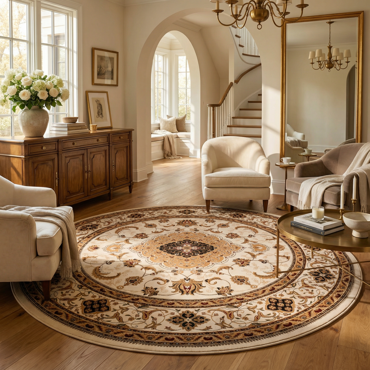 Anbar Persian Medallion Traditional Beige and Black Indoor Rug