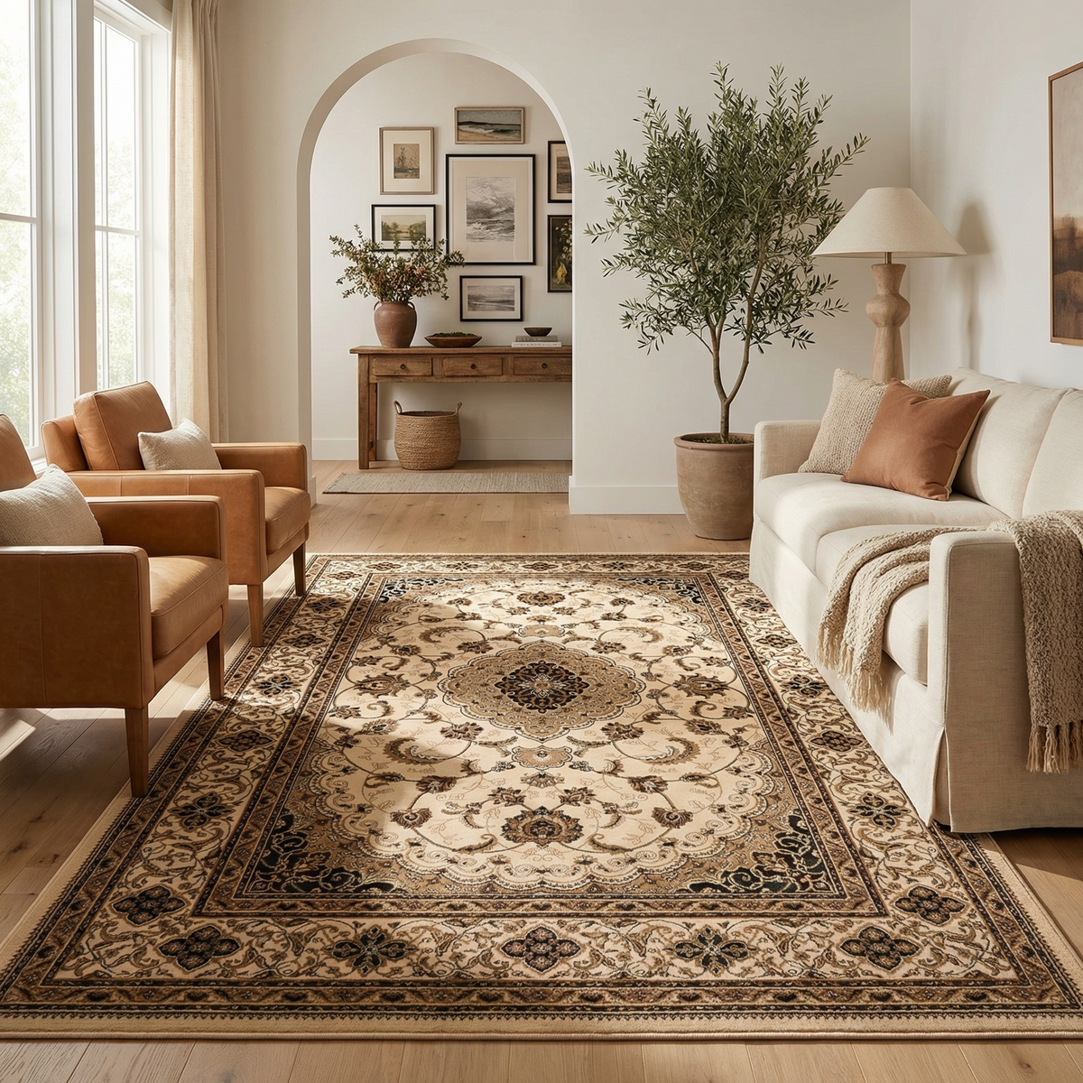 Anbar Persian Medallion Traditional Beige and Black Indoor Rug