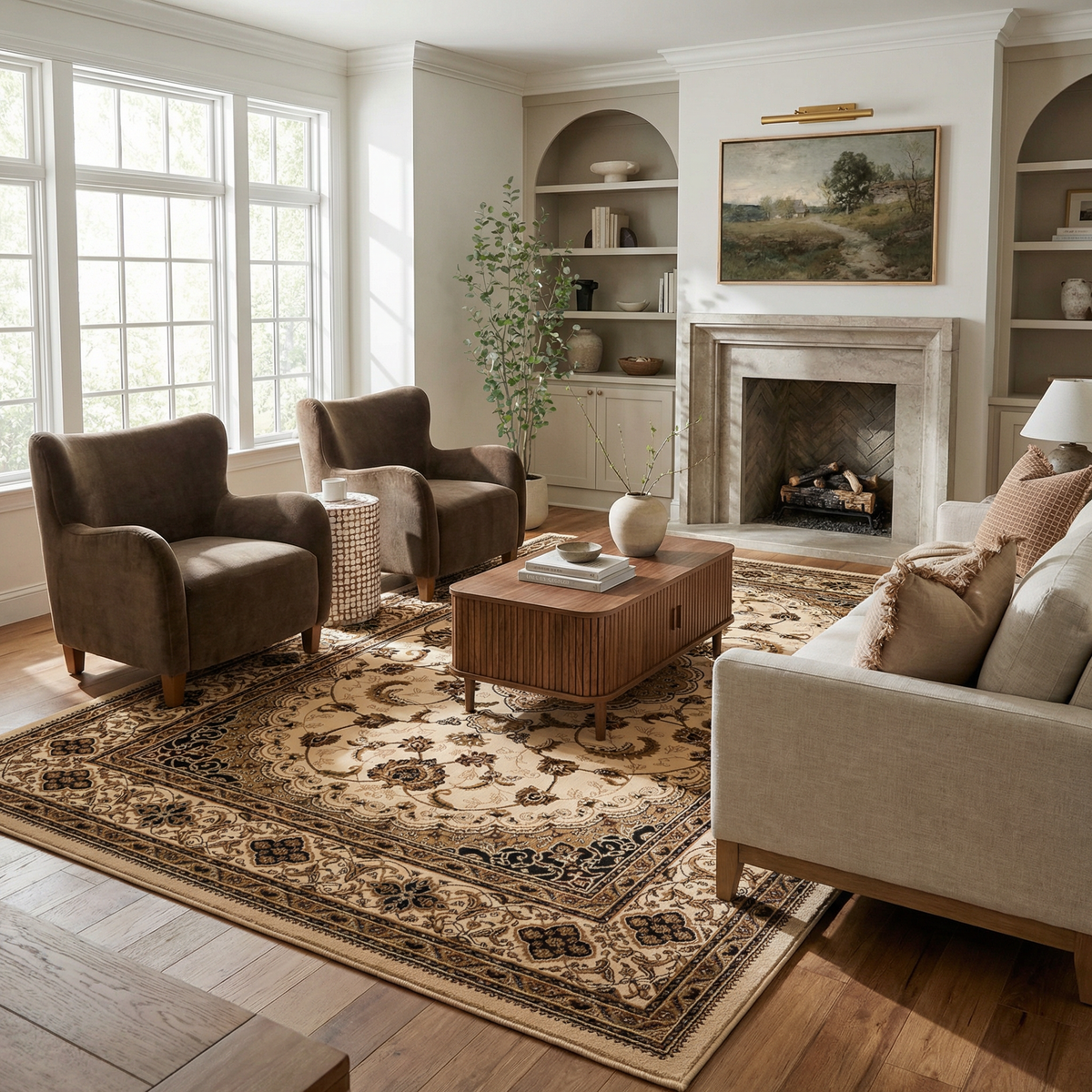 Anbar Persian Medallion Traditional Beige and Black Indoor Rug