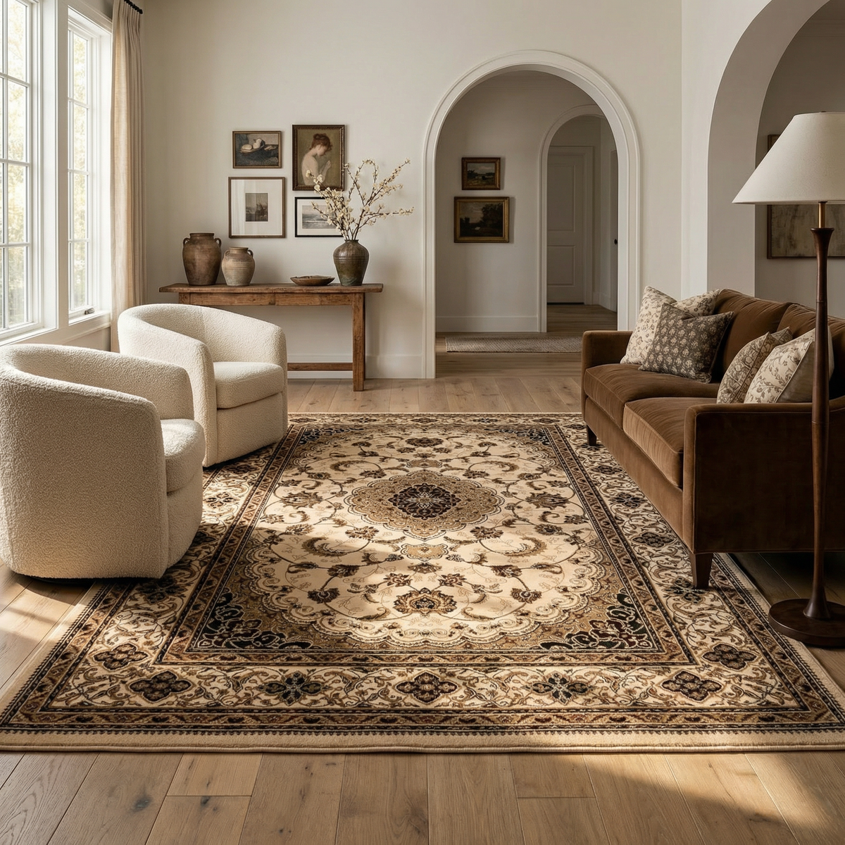 Anbar Persian Medallion Traditional Beige and Black Indoor Rug