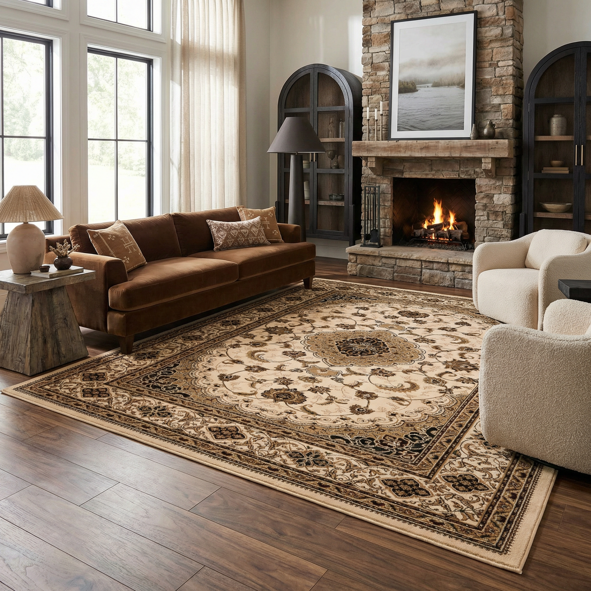 Anbar Persian Medallion Traditional Beige and Black Indoor Rug