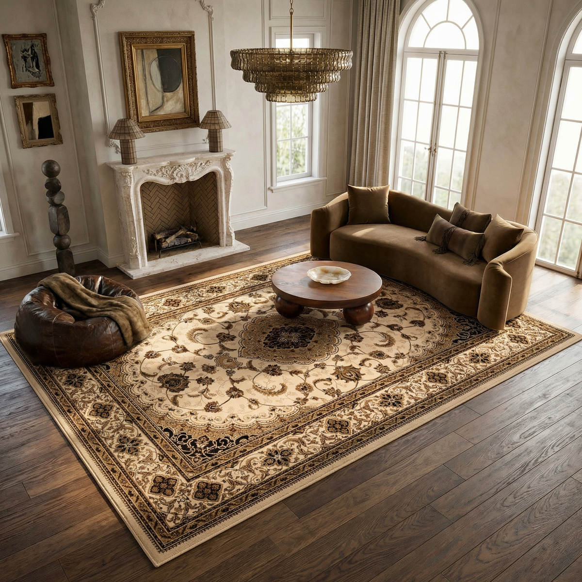 Anbar Persian Medallion Traditional Beige and Black Indoor Rug