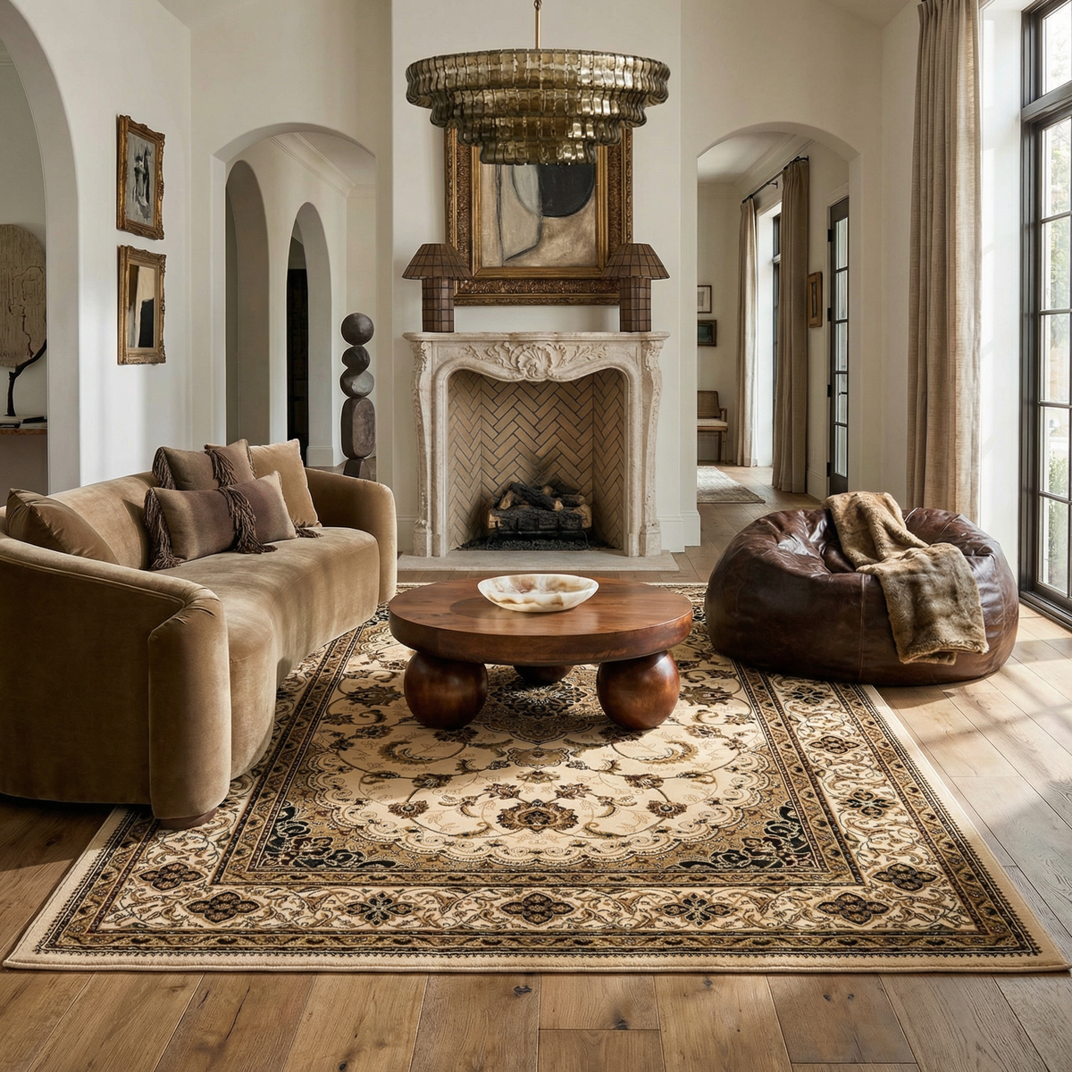 Anbar Persian Medallion Traditional Beige and Black Indoor Rug