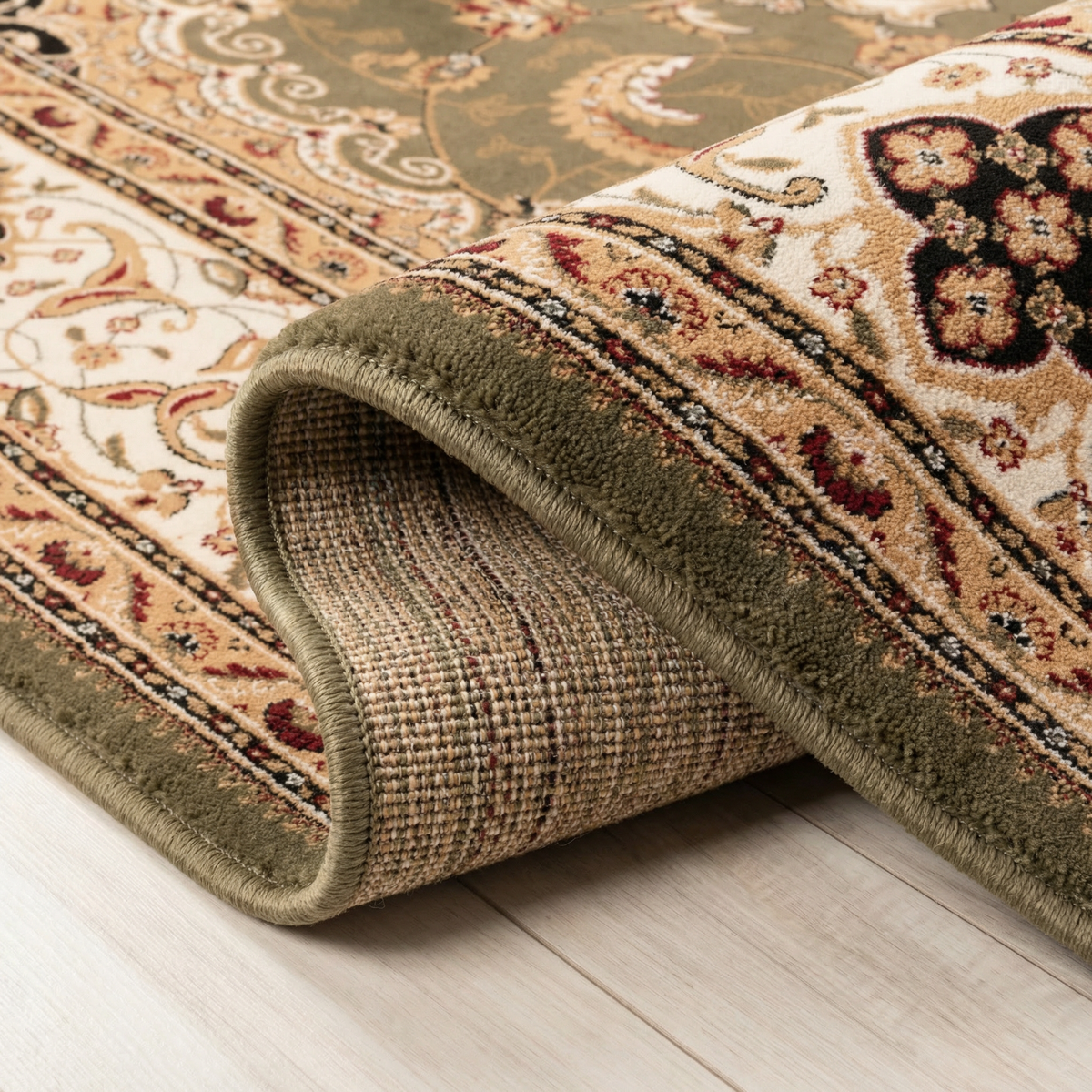 Diwan Persian Medallion Traditional Green and Beige Indoor Rug