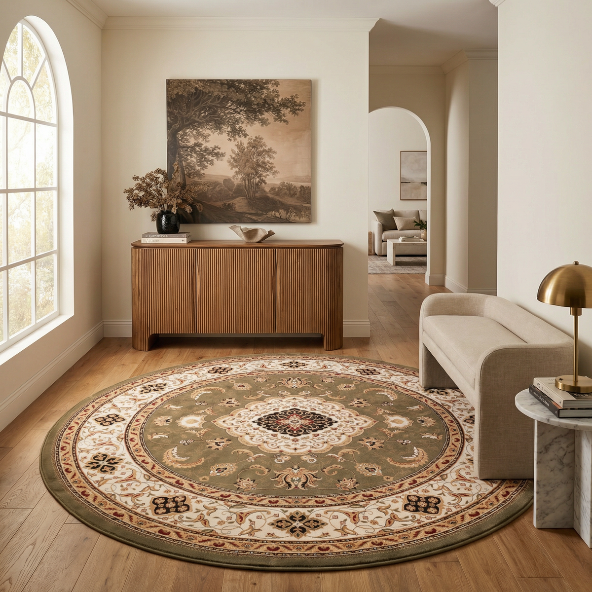 Diwan Persian Medallion Traditional Green and Beige Indoor Rug