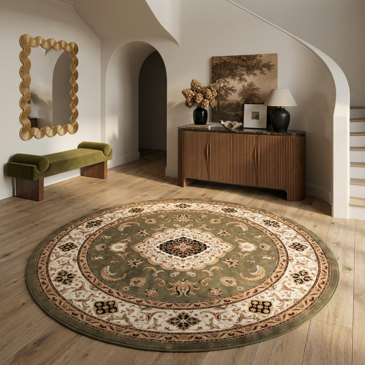 Diwan Persian Medallion Traditional Green and Beige Indoor Rug
