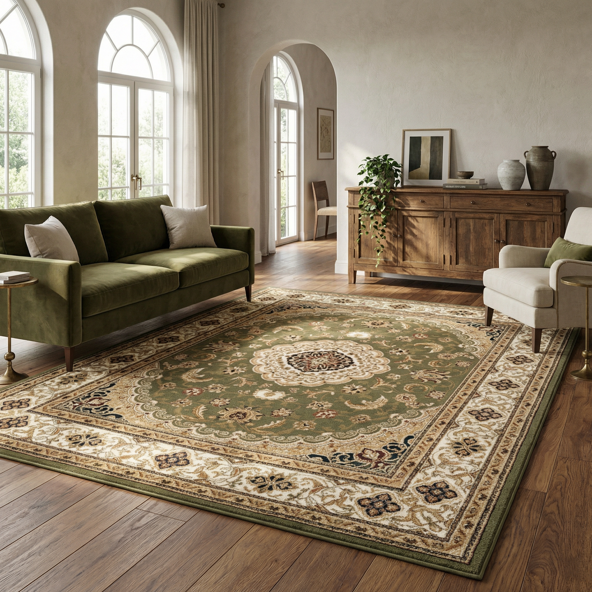 Alfombra de interior tradicional Diwan Persa medallón verde y beige