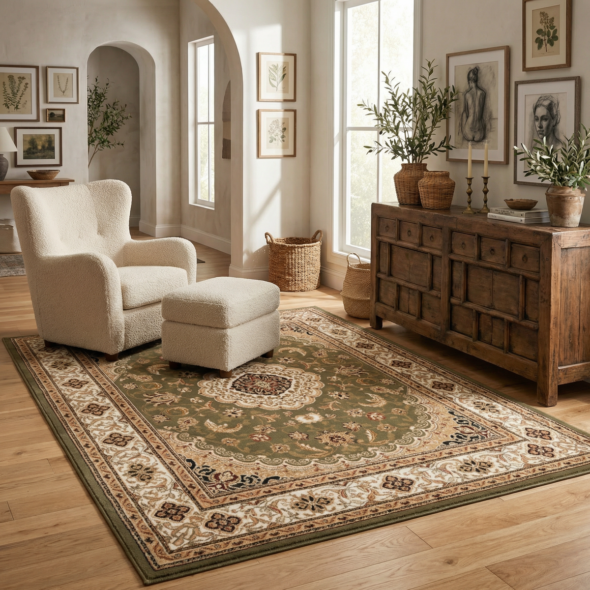 Diwan Persian Medallion Traditional Green and Beige Indoor Rug