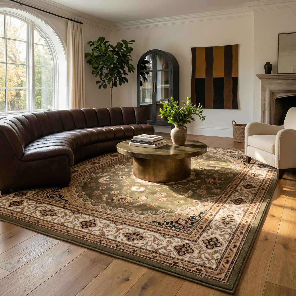 Diwan Persian Medallion Traditional Green and Beige Indoor Rug