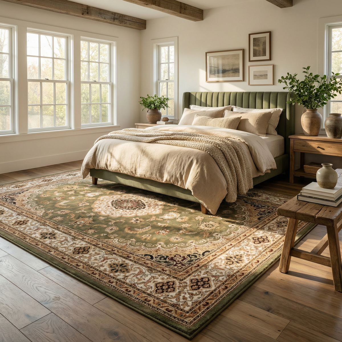 Diwan Persian Medallion Traditional Green and Beige Indoor Rug