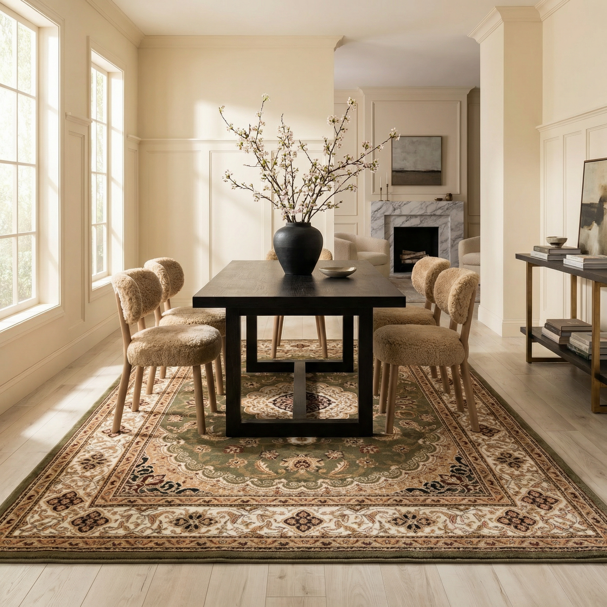 Diwan Persian Medallion Traditional Green and Beige Indoor Rug
