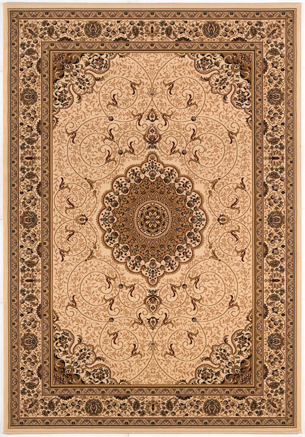 Alfombra tradicional de interior Rihab con medallón persa, beige y crema