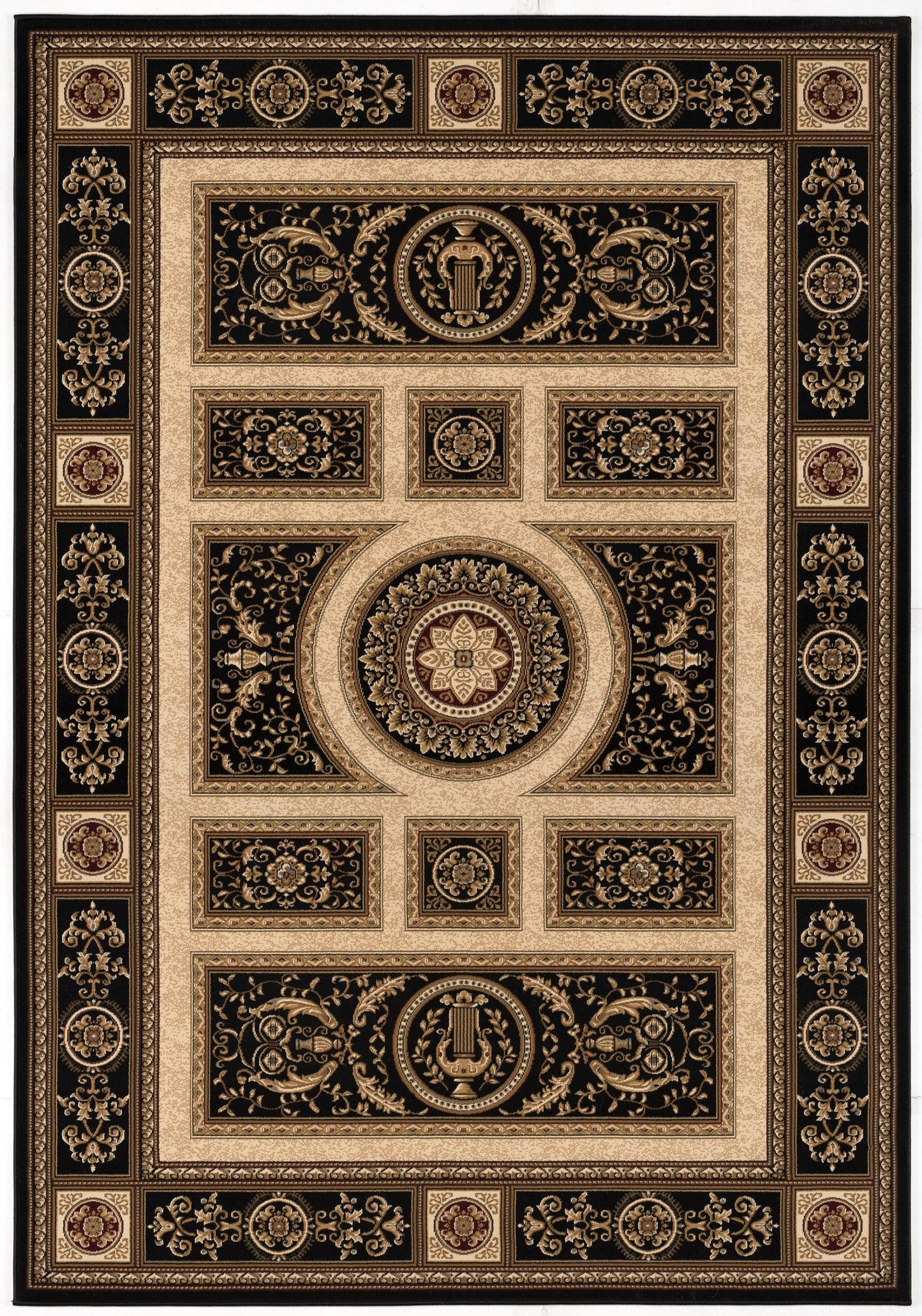 Fajr Floral Medallion Traditional Black and Beige Indoor Rug