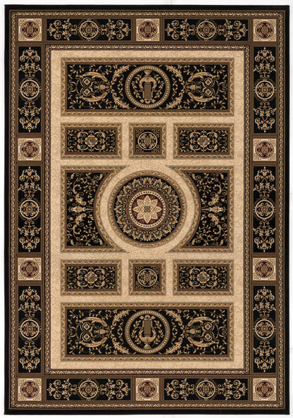 Fajr Floral Medallion Traditional Black and Beige Indoor Rug