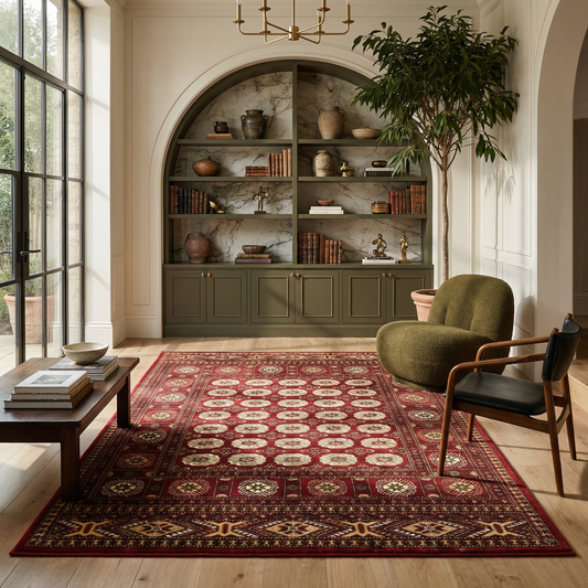 Rawda Oriental Bokhara Traditional Red and Beige Indoor Rug