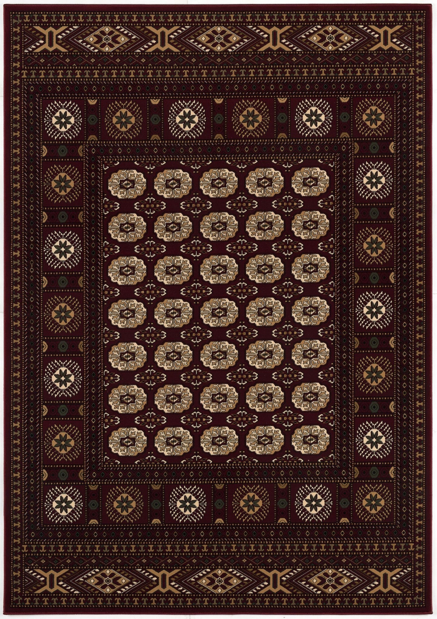Rawda Oriental Bokhara Traditional Red and Beige Indoor Rug