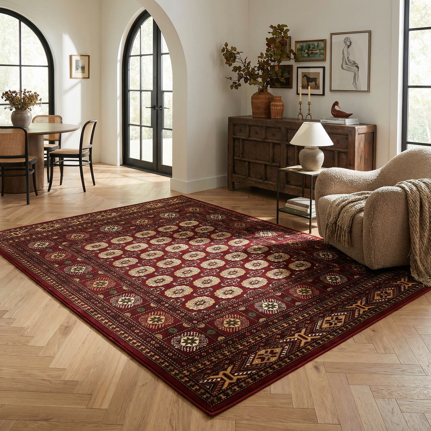 Rawda Oriental Bokhara Traditional Red and Beige Indoor Rug-6