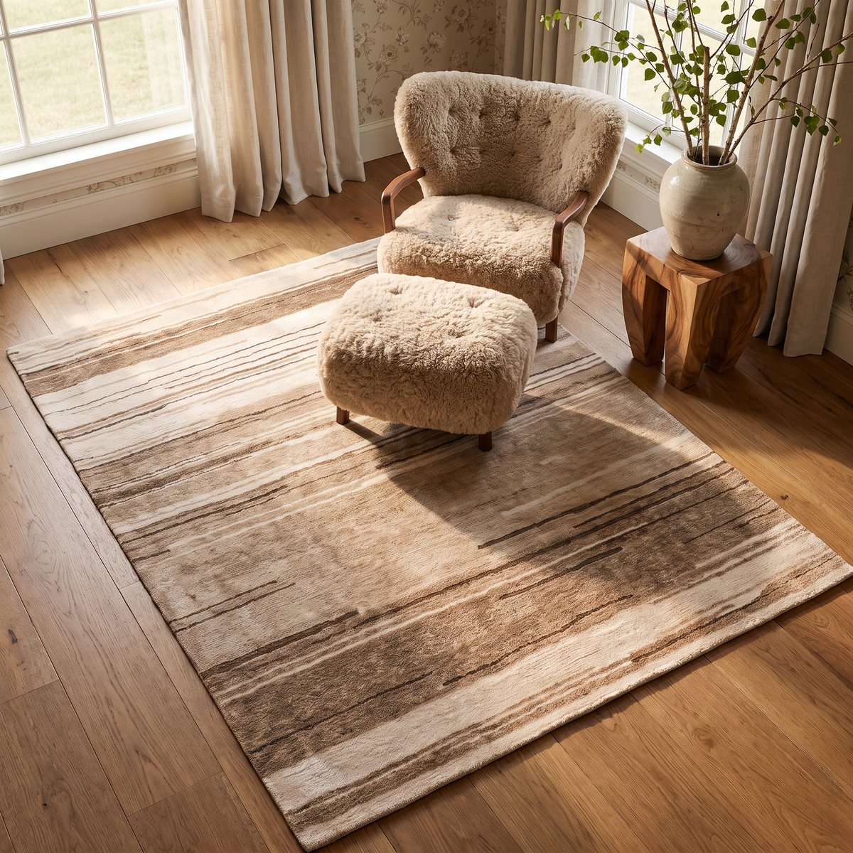 Esker Linear Abstract Contemporary Beige and Brown Indoor Rug